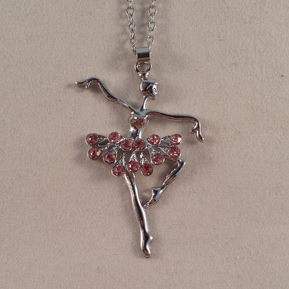 Kristy's Jewels Other - Silver Ballerina Dancer Pink Crystal Gemstone Pendant Necklace Gorgeous Gift